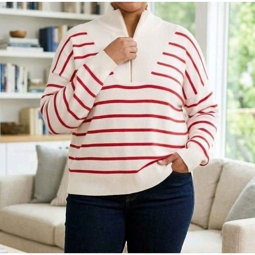 Draper James Womens XXL Quarter Zip Pullover Sweater White Red Striped NWT